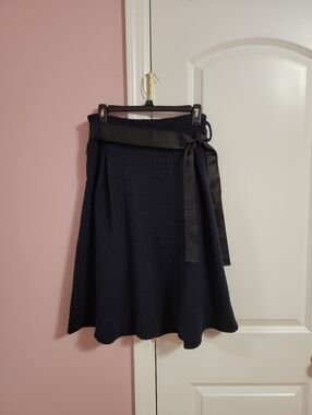NWT Womens Navy Blue Textured A-Line Midi Skirt with Grosgrain Ribbon Tie- S